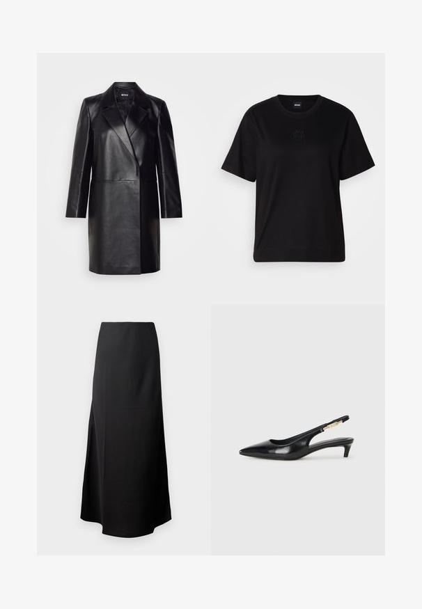 Crna kožna blazer jakna s rebrastim ovratnikom, zatvaranjem na jedan gumb i dugim rukavima. Ima glatku teksturu i kroj prilagođen tijelu.; Crna pamučna majica s okruglim izrezom, kratkim rukavima i izvezenim logotipom na prsima. Jednostavan, opušten kroj bez uzorka.; Crna midi suknja s glatkom teksturom, dizajnirana s visokim strukom i bočnim prorezom, koja ima jednostavan, neukrašen siluet.; Crne kožne sandale s petom, s izduženim vrhom, imaju usku petu i zlatni akcent na podesivoj traci. Glatka tekstura.