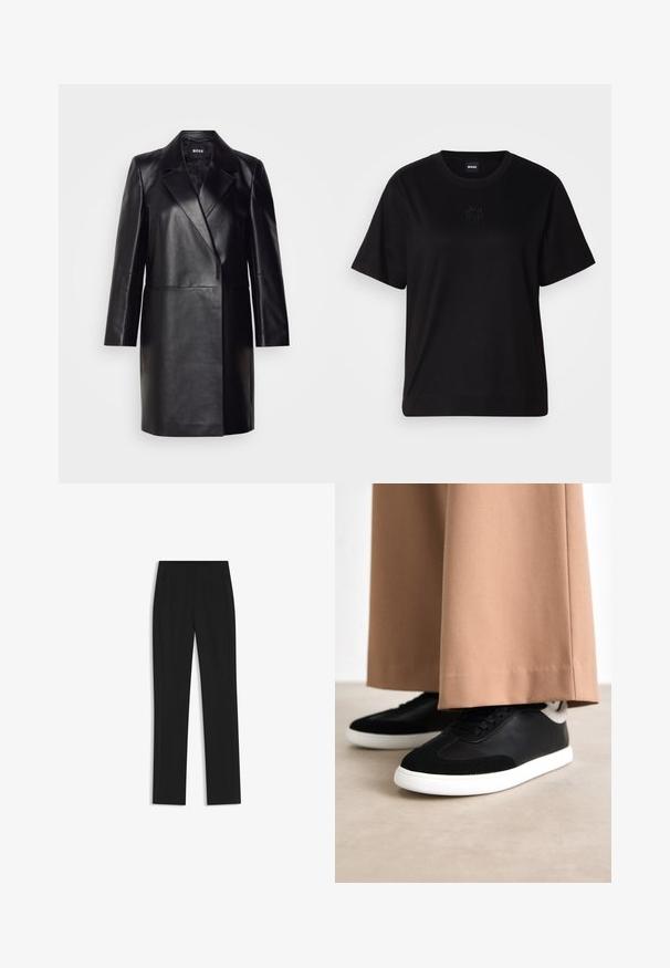 Giacca in pelle nera con colletto a revers, chiusura con un solo bottone e maniche lunghe. Presenta una texture liscia e una vestibilità sartoriale.; Maglietta in cotone nera con scollatura tonda, maniche corte e logo ricamato sul petto. Design semplice e vestibilità rilassata senza motivi.; Pantaloni neri su misura con un design a gamba dritta, dotati di tasche frontali e un tessuto liscio e strutturato. Dettagli ordinati e minimalisti.; Sneaker neri e grigi con tomaia in pelle liscia e morbidi dettagli in camoscio; suola in gomma bianca; indossati con pantaloni beige a gamba larga.