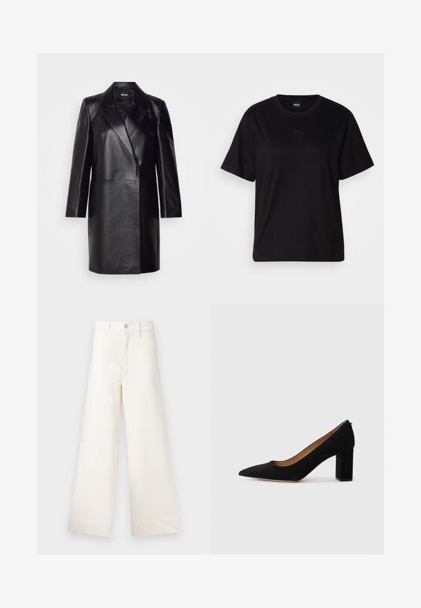 Črna usnjena blazerjakna z izrezanim ovratnikom, zapiranjem na en gumb in dolgimi rokavi. Ima gladko teksturo in prilegajoč kroj.; Črna bombažna majica s krožnim izrezom, kratkimi rokavi in izvezenim logotipom na prsih. Preprosta, sproščena silhueta brez vzorcev.; Široke hlače iz svetlo bež bombaža. Imajo visoko pas, sprednje žepke in ravno krojenje. Čist zaključek brez vzorcev.; Črne semiš čevlje s potezo v obliki konice z debelim blokaste poravnave in minimalističnim dizajnom. Gladka tekstura in brez vidnih vzorcev ali dodatkov.