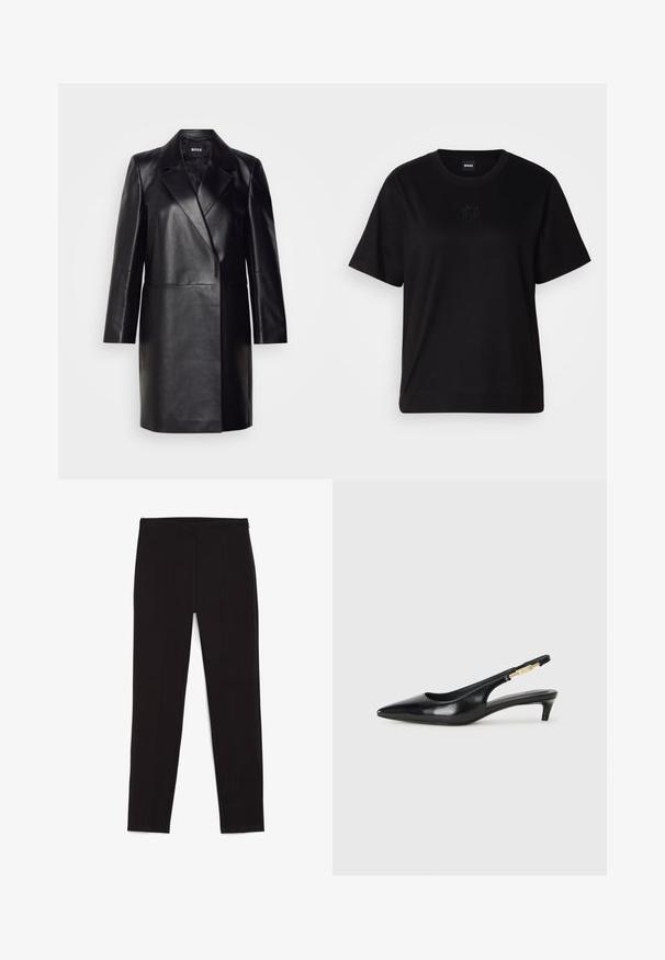 Juodas odinis švarkas su įpjovimu ant apykaklės, vienu mygtuku užsegamas ir ilgomis rankovėmis. Yra lygus paviršius ir pritaikytas siluetas.; Juodas medvilninis marškinėliai su apvalia iškirpte, trumpomis rankovėmis ir siuvinėjimu ant krūtinės. Paprastas, laisvas siluetas be raštų.; Juodos pėdkelnės, pagamintos iš tamprių audinių, su prigludusia forma, siūlių detalėmis ir elastinga juosmens juosta. Lygi tekstūra, pilno ilgio.; Juodas odinis pavasario batelių modelis su smailiu nosiu, turintis siaurą kulniuką ir auksinės spalvos akcentu reguliuojamoje juostoje. Lygi tekstūra.