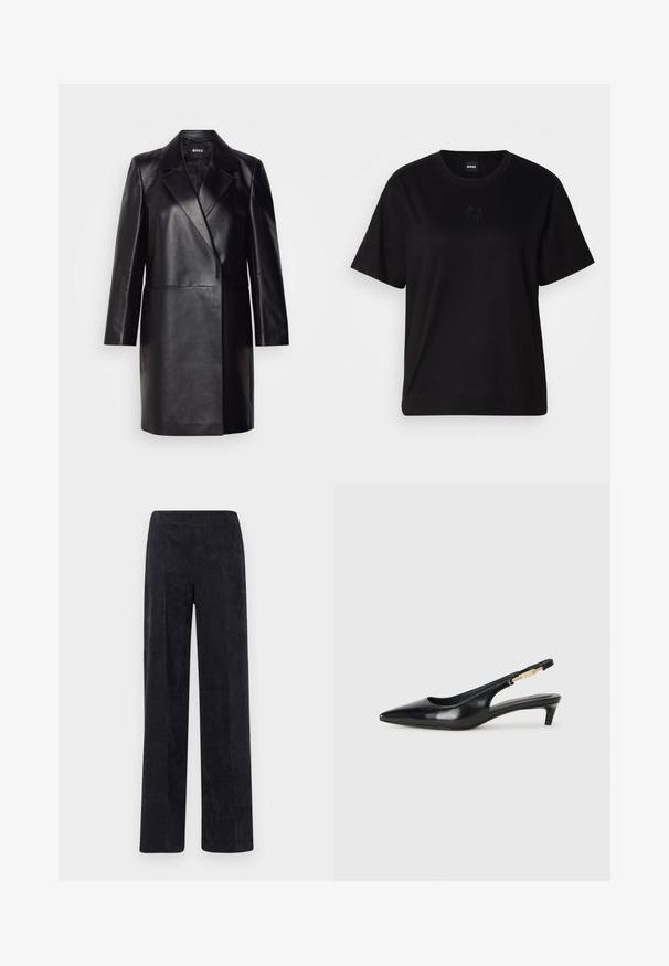 Black leather blazer with a notched collar, single button closure, and long sleeves. Features smooth texture and tailored fit.; Black cotton t-shirt with a crew neckline, short sleeves, and an embroidered logo on the chest. Simple, relaxed fit with no patterns.; Corduroy pants in dark gray with a straight leg design, featuring a textured ribbed surface and an elastic waistband for comfort.; Black leather slingback heels with a pointed toe, featuring a slim heel and a gold-tone accent on the adjustable strap. Smooth texture.