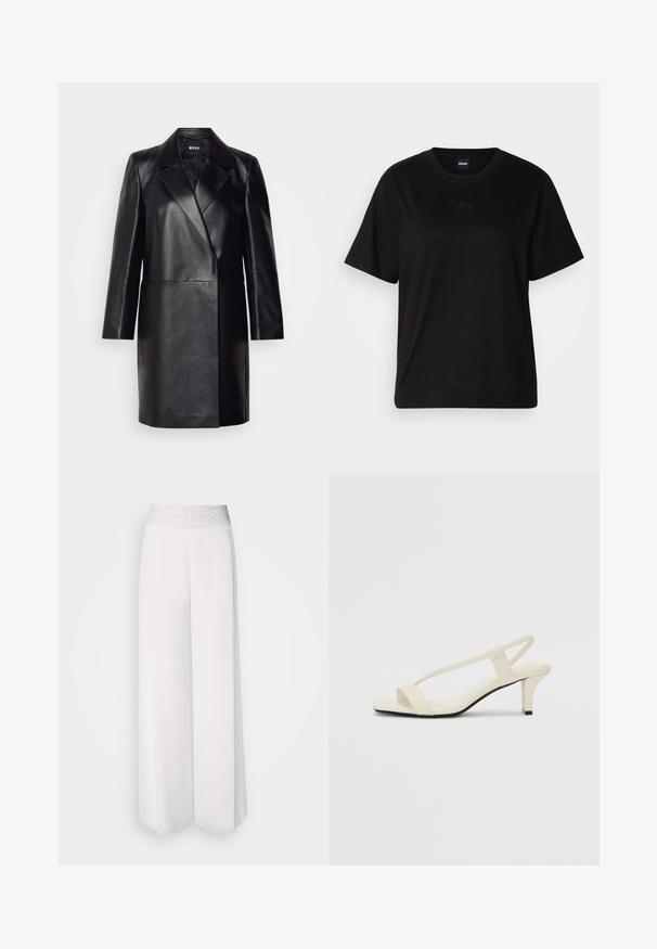 Črna usnjena blazerjakna z izrezanim ovratnikom, zapiranjem na en gumb in dolgimi rokavi. Ima gladko teksturo in prilegajoč kroj.; Črna bombažna majica s krožnim izrezom, kratkimi rokavi in izvezenim logotipom na prsih. Preprosta, sproščena silhueta brez vzorcev.; Bela široka hlače z teksturiranim srebrnim pasom, ki imajo gladko tkanino in tekoč dizajn. Primerne za različne priložnosti.; Bež sandale z blok peto, tankimi trakovi in kvadratnim prstom. Gladek material z minimalnim okrasjem, zasnovan za enostavno nošenje.