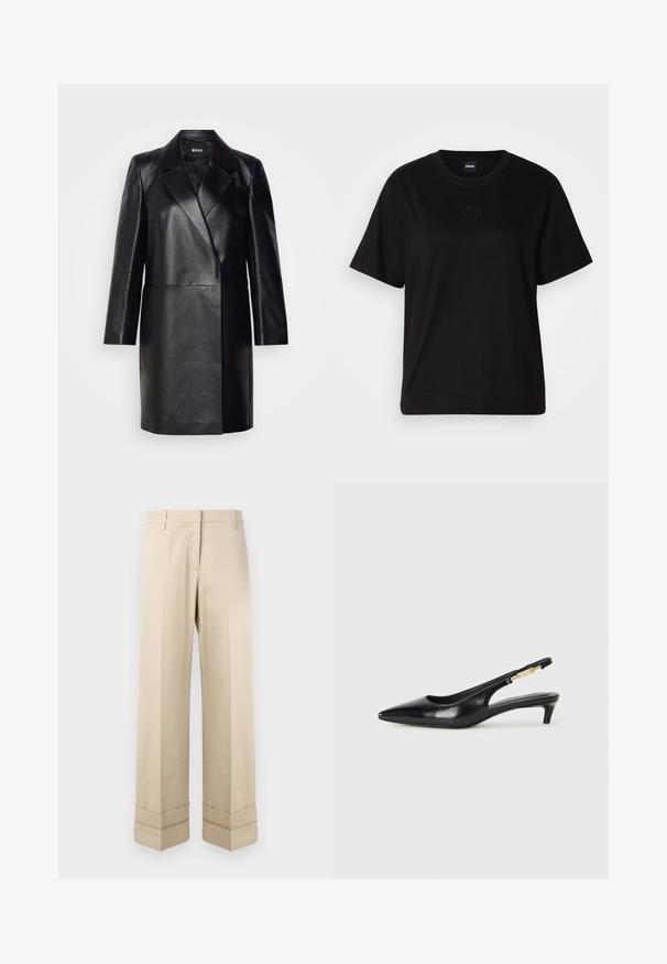 Čierna kožená sako so zubatým golierom, jedným gombíkom na zapínanie a dlhými rukávmi. Vyznačuje sa hladkým povrchom a prispôsobeným strihom.; Čierne bavlnené tričko s okrúhlym výstrihom, krátkymi rukávmi a vyšívaným logom na hrudi. Jednoduchý, voľný strih bez vzorov.; Béžové nohavice s rovný strihom, s dvojitým manžetovým lemom a plochým predným dizajnom. Vyrobené z hladkej, odolnej tkaniny.; Čierne kožené slingback opätky s špicatou špičkou, s úzkym opätkom a zlatým detailom na nastaviteľnom remienku. Hladká textúra.