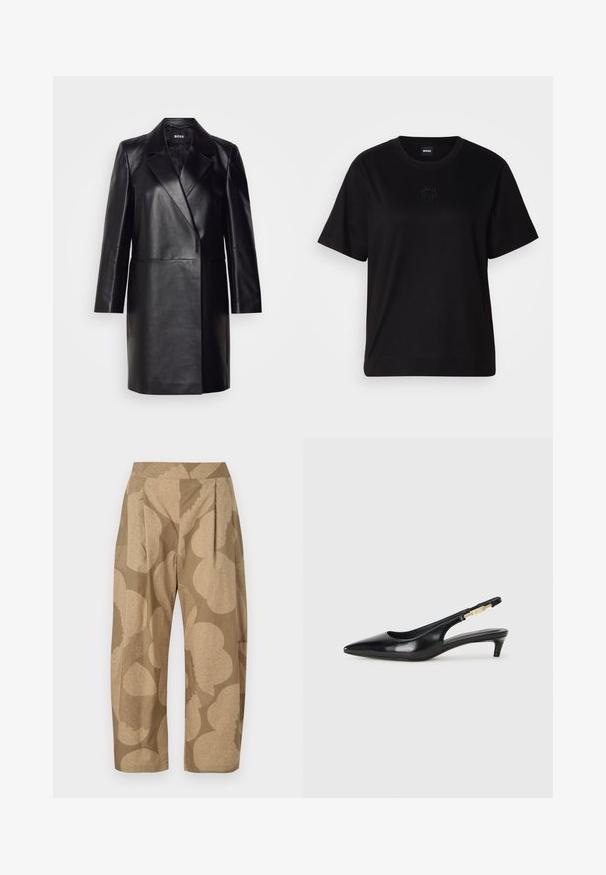 Black leather blazer with a notched collar, single button closure, and long sleeves. Features smooth texture and tailored fit.; Black cotton t-shirt with a crew neckline, short sleeves, and an embroidered logo on the chest. Simple, relaxed fit with no patterns.; Beige trousers with a large floral pattern in lighter shades. Features a high waist, pleats, and a relaxed fit. Made from lightweight fabric.; Black leather slingback heels with a pointed toe, featuring a slim heel and a gold-tone accent on the adjustable strap. Smooth texture.