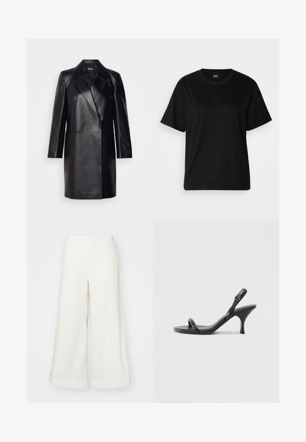 Blazer de couro preto com colarinho com bico, fecho de botão único e mangas longas. Apresenta uma textura suave e um corte ajustado.; T-shirt de algodão preto com decote redondo, mangas curtas e um logótipo bordado no peito. Corte simples e descontraído, sem padrões.; Calças largas brancas feitas de um tecido leve, com uma cintura alta e detalhes costurados, oferecendo um ajuste relaxado e linhas limpas.; Sandálias de salto alto em couro preto com um salto curvado e fino e um design de tiras cruzadas. Correia ajustável no tornozelo. Textura suave.