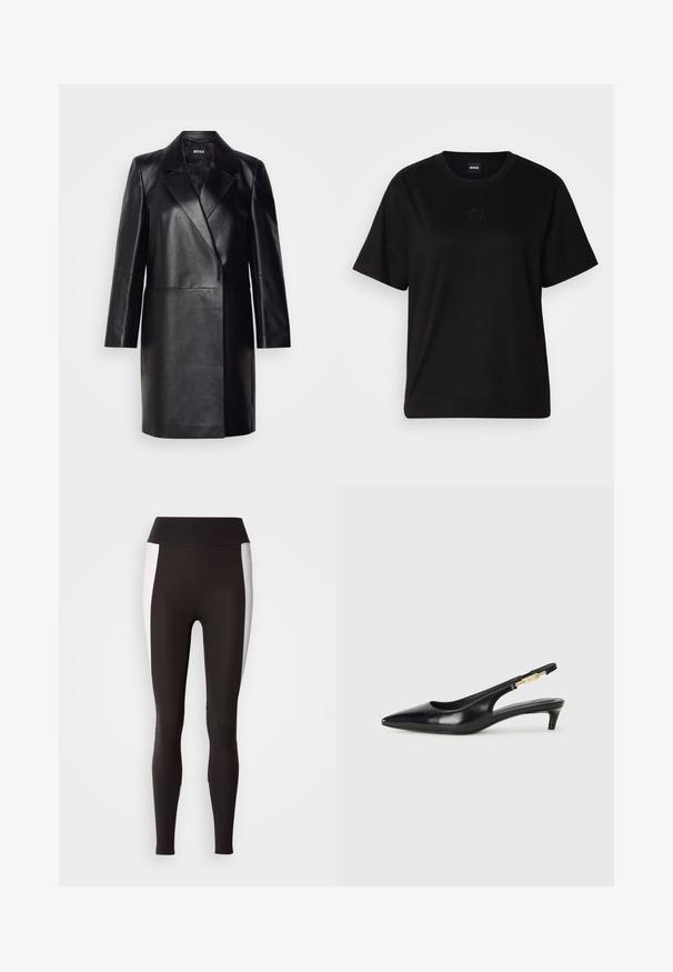 Μαύρο δερμάτινο σακάκι με λαιμόκοψη, κλείσιμο με μονό κουμπί και μακριά μανίκια. Διαθέτει λείο άγγιγμα και κομψή γραμμή.; Μαύρο βαμβακερό μπλουζάκι με στρογγυλή λαιμόκοψη, κοντά μανίκια και κεντημένο λογότυπο στο στήθος. Απλή, χαλαρή γραμμή χωρίς σχέδια.; Μαύρες κολάν με φαρδύ λάστιχο στη μέση, διαθέτοντας λευκές λωρίδες πλάγια. Κατασκευασμένες από ελαστικό ύφασμα με λεία υφή και κομψή εφαρμογή.; Μαύρες δερμάτινες γόβες slingback με μυτερή μύτη, διαθέτοντας λεπτό τακούνι και χρυσή λεπτομέρεια στην ρυθμιζόμενη λωρίδα. Λείος υφές.