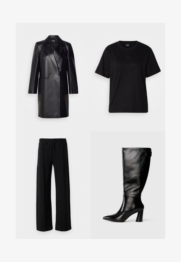 Blazer en cuir noir avec un col cranté, fermeture à un bouton et manches longues. Présente une texture lisse et une coupe ajustée.; T-shirt en coton noir avec un col rond, des manches courtes et un logo brodé sur la poitrine. Coupe simple et décontractée sans motifs.; Pantalons noirs à jambe droite avec taille élastique et un motif texturé subtil sur l'ensemble du tissu sur un fond blanc.; Botte en cuir noir à hauteur de genoux avec un bout pointu, une texture lisse et un talon épais. Elle présente un zip à l'arrière.