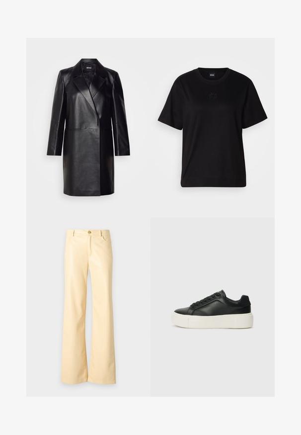 Mustmustnahkblazer, millel on klappkrae, ühe nupuga kinnitamine ja pikad varrukad. Omab siledat tekstuuri ja kohandatud lõiget.; Mustmust särk, millel on ümar kaelus, lühikesed varrukad ja tindiga tikitud logo rinnal. Lihtne, mugav lõige ilma mustriteta.; Heledad püksid heledas kollases, valmistatud siledast, läikivast materjalist. Omab esist seotud nööpi, kahte külgtaskut ja sirget lõiget.; Must musta sneaker ümarate varvastega, valge platvormi tallaga ja mustade paeltega. Omab diskreetset logo kandadel ja sileda tekstuuriga.