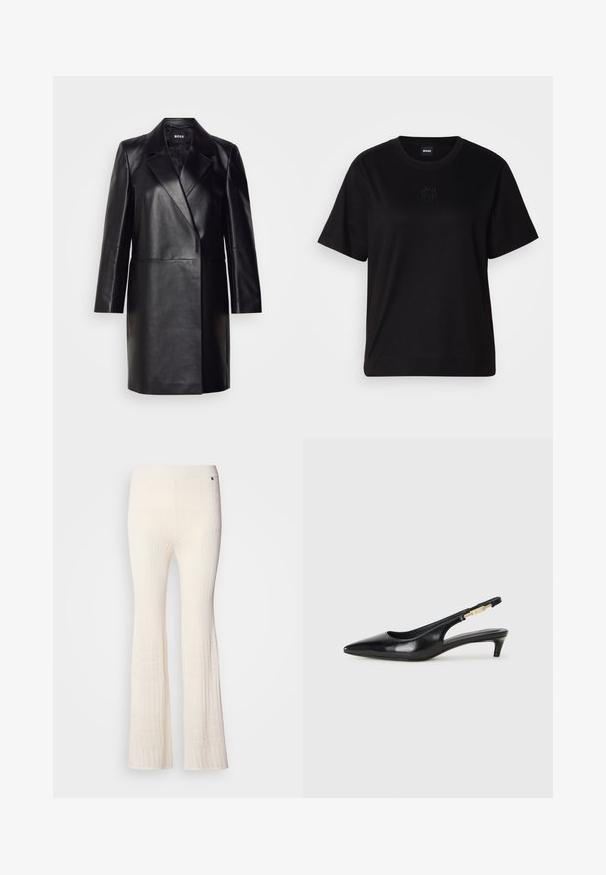 Črna usnjena blazerjakna z izrezanim ovratnikom, zapiranjem na en gumb in dolgimi rokavi. Ima gladko teksturo in prilegajoč kroj.; Črna bombažna majica s krožnim izrezom, kratkimi rokavi in izvezenim logotipom na prsih. Preprosta, sproščena silhueta brez vzorcev.; Ribane, krema barve pletene hlače s širjenjem na dnu in strukturiranim čipkastim vzorcem na spodnjem robu. Mehka tkanina z oprijetim pasom.; Črne usnjene sandale na peto z ostro konico, ki imajo tanko peto in zlat ton na nastavljivem traku. Gladka tekstura.