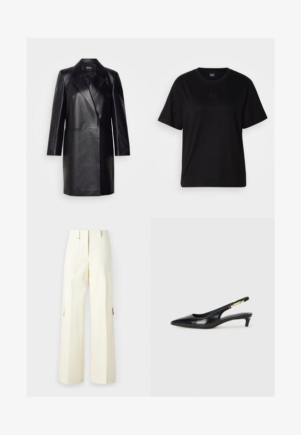Černá kožená blejzr s klopovým límcem, zapínáním na jeden knoflík a dlouhými rukávy. Vyznačuje se hladkou texturou a přiléhavým střihem.; Černé bavlněné tričko s kulatým výstřihem, krátkými rukávy a vyšitým logem na hrudi. Jednoduchý, volný střih bez vzorů.; Široké cargo kalhoty ze světle krémové látky, s kapsami na náplety, vysokým pasem a bočními rozparky pro zvýšení detailu a funkčnosti.; Černé kožené boty na podpatku s otevřenou patou a špičatou špičkou, s tenkým podpatkem a zlatým akcentem na nastavitelném pásku. Hladký povrch.