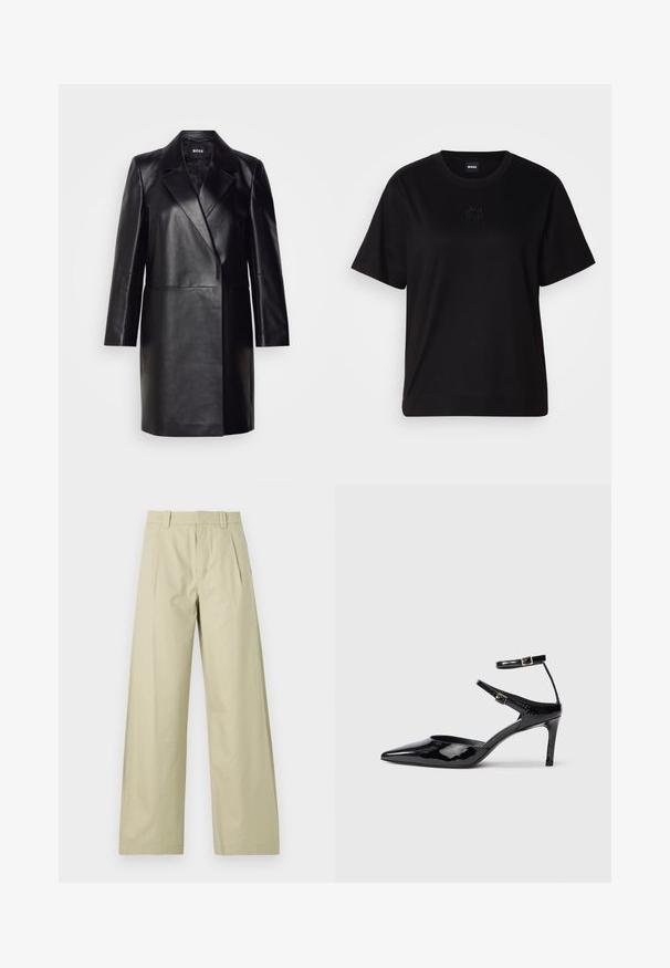 Svart läderblazer med snedskuren krage, enkel knappstängning och långa ärmar. Har en mjuk текстur och skräddarsydd passform.; Svart bomullströja med rund halsringning, korta ärmar och en broderad logotyp på bröstet. Enkel, avslappnad passform utan mönster.; Vidbenade byxor i ljusbeige bomull, med en platt framdel och veck, bältesöglor och uppvikta nederdelar. Slät textur och avslappnad design.; Svarta lackskinnshälar med spetsig tå, justerbara ankelremmar och en smal klack. Slät textur med en glänsande yta.