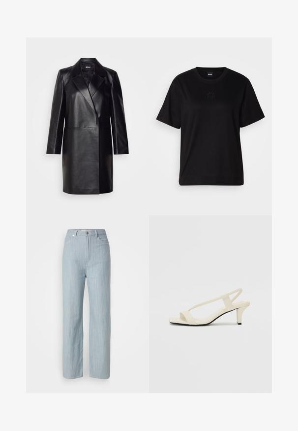 Črna usnjena blazerjakna z izrezanim ovratnikom, zapiranjem na en gumb in dolgimi rokavi. Ima gladko teksturo in prilegajoč kroj.; Črna bombažna majica s krožnim izrezom, kratkimi rokavi in izvezenim logotipom na prsih. Preprosta, sproščena silhueta brez vzorcev.; Svijetloplave traperice ravnog kroja. Imaju pet džepova, metalno kopčanje na dugme i suptilno izbjeljivanje za teksturu.; Bež sandale z blok peto, tankimi trakovi in kvadratnim prstom. Gladek material z minimalnim okrasjem, zasnovan za enostavno nošenje.