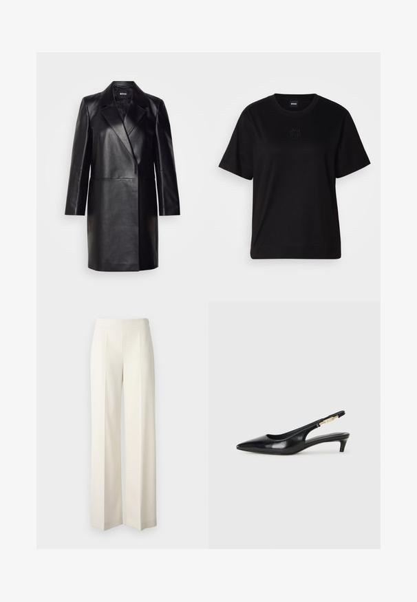 Blazer din piele neagră cu guler decupat, închidere cu un singur nasture și mâneci lungi. Prezintă o textură netedă și o croială ajustată.; T-shirt negru din bumbac, cu guler rotund, mâneci scurte și un logo brodat pe piept. Design simplu, cu o croială relaxată și fără modele.; Pantaloni largi albi, confecționați dintr-un material neted, cu pliuri frontale. Concepuți cu o talie înaltă și o finisare curată.; Sandale slingback din piele neagră cu vârf ascuțit, având un toc subțire și un accent de culoare aurie pe curea ajustabilă. Textură netedă.