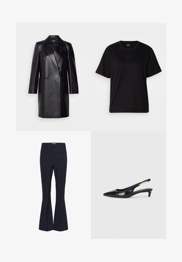 Blazer de couro preto com colarinho com bico, fecho de botão único e mangas longas. Apresenta uma textura suave e um corte ajustado.; T-shirt de algodão preto com decote redondo, mangas curtas e um logótipo bordado no peito. Corte simples e descontraído, sem padrões.; Calças flare navy com riscas verticais, apresentando dois bolsos frontais, um design ajustado e um tecido suave e texturizado. Acentuadas com riscas azuis estreitas.; Saltos slingback em couro preto com bico fino, apresentando um salto esguio e um detalhe em tom dourado na alça ajustável. Textura suave.