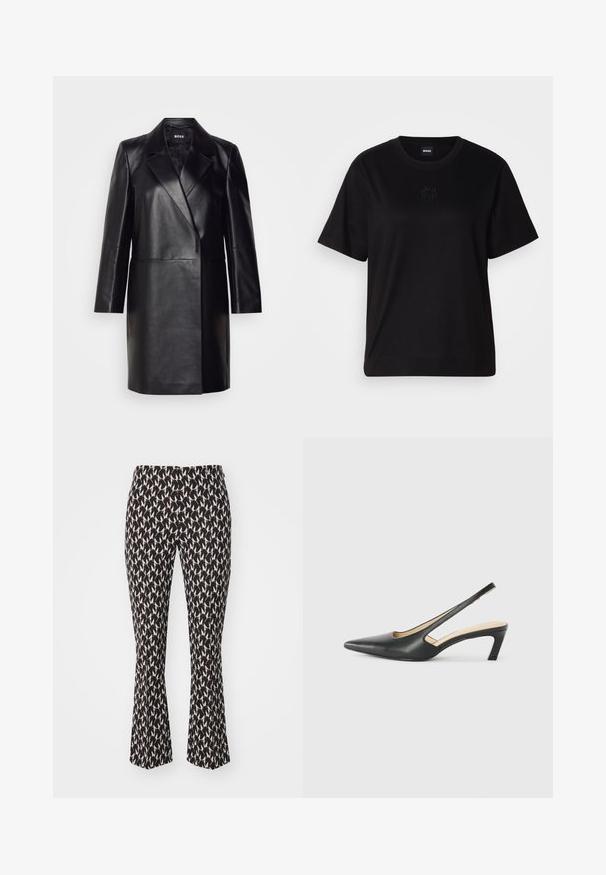 Black leather blazer with a notched collar, single button closure, and long sleeves. Features smooth texture and tailored fit.; Black cotton t-shirt with a crew neckline, short sleeves, and an embroidered logo on the chest. Simple, relaxed fit with no patterns.; Flared pants in a black and cream pattern featuring abstract shapes. Made of lightweight fabric with a smooth texture.; Black pointy-toed slingback shoe with a low heel, featuring smooth leather material and cut-out design on the side for breathability.