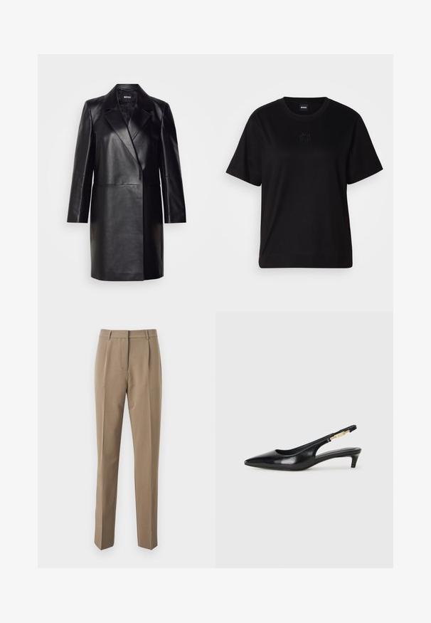 Sorte læderjakke med slagkrave, enkelt knaplukning og lange ærmer. Har en glat tekstur og en skræddersyet pasform.; Sort bomulds t-shirt med rund halsudskæring, korte ærmer og et broderet logo på brystet. Enkel, afslappet pasform uden mønstre.; Brune skræddersyede bukser lavet af glat stof, med en lige ben-design, frontfolder og en talje med bælteløkker.; Sorte læder slingback hæle med spids tå, der har en slank hæl og en guldfarvet detalje på den justerbare rem. Glat tekstur.