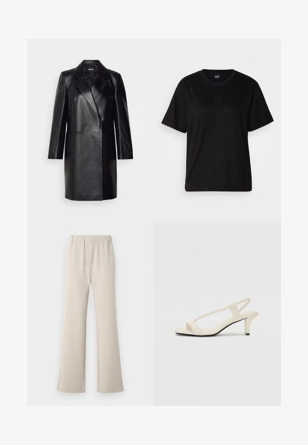 Blazer din piele neagră cu guler decupat, închidere cu un singur nasture și mâneci lungi. Prezintă o textură netedă și o croială ajustată.; T-shirt negru din bumbac, cu guler rotund, mâneci scurte și un logo brodat pe piept. Design simplu, cu o croială relaxată și fără modele.; Pantaloni bej, evazați, confecționați dintr-un material neted, cu o talie elastică și detalii minime. Proiectați pentru confort și ușurința purtării.; Sandale bej cu toc bloc, cu bretele subțiri și vârf pătrat. Material neted cu detalii minime, concepute pentru a fi ușor de purtat.