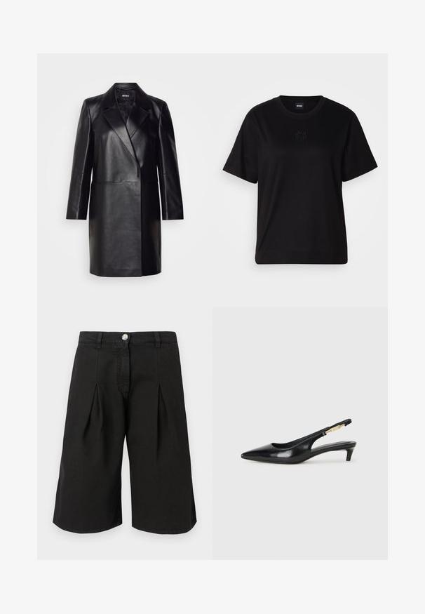 Zwarte leren blazer met een geknopt kraagje, sluiting met één knoop en lange mouwen. Kenmerkt zich door een zachte textuur en een professionele pasvorm.; Zwarte katoenen t-shirt met een ronde hals, korte mouwen en een geborduurd logo op de borst. Eenvoudige, comfortabele pasvorm zonder patronen.; Zwarte knielange shorts van een katoenmix. Heeft plooien, een sluiting met een knoop aan de voorkant en een klassiek ontwerp van de tailleband.; Zwarte leren slingback hakken met een spitse neus, voorzien van een slanke hak en een goudkleurige accent op de verstelbare band. Gladde textuur.
