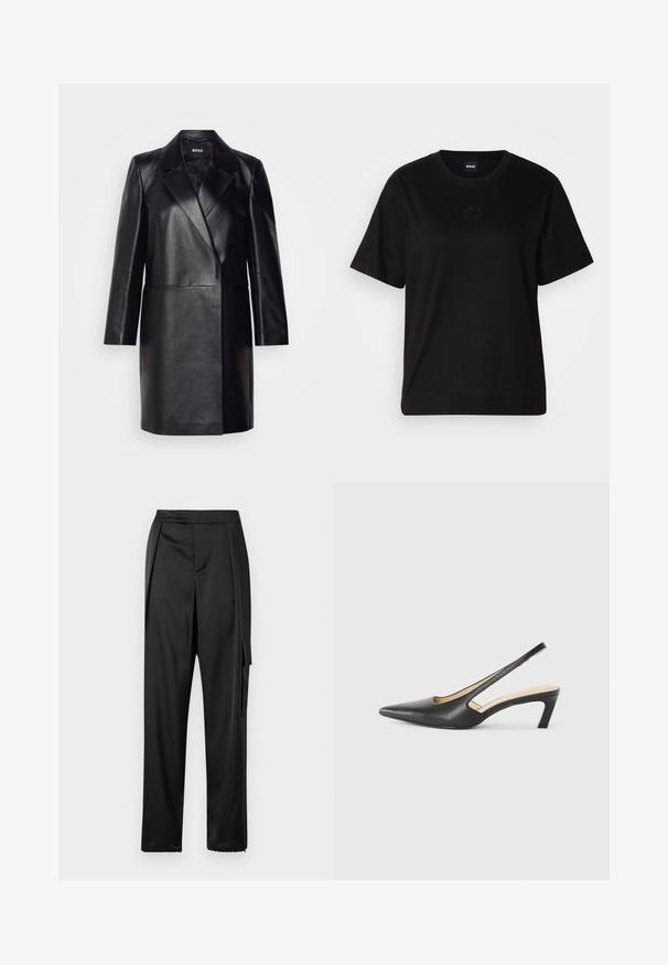 Blazer de couro preto com colarinho com bico, fecho de botão único e mangas longas. Apresenta uma textura suave e um corte ajustado.; T-shirt de algodão preto com decote redondo, mangas curtas e um logótipo bordado no peito. Corte simples e descontraído, sem padrões.; Calças pretas de perna reta com uma cintura alta, pregas laterais e um bolso de aba na coxa direita.; Sandal com bico fino e calcanhar baixo, em couro liso, com um design recortado na lateral para respirabilidade.