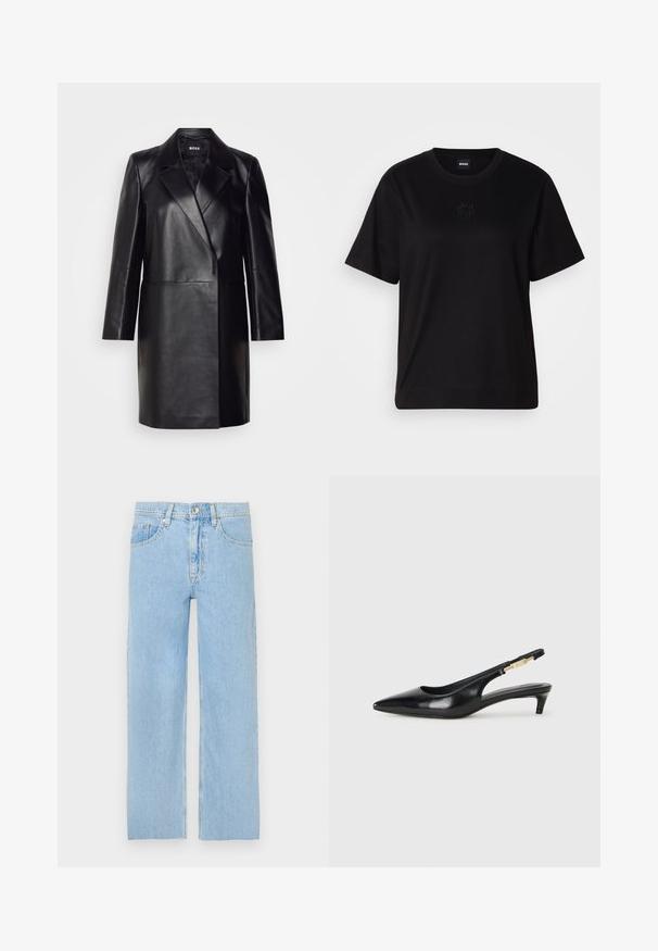 Črna usnjena blazerjakna z izrezanim ovratnikom, zapiranjem na en gumb in dolgimi rokavi. Ima gladko teksturo in prilegajoč kroj.; Črna bombažna majica s krožnim izrezom, kratkimi rokavi in izvezenim logotipom na prsih. Preprosta, sproščena silhueta brez vzorcev.; Svijetloplave traperice s ravnim krojem, stilom s pet džepova i prednjim metalnim gumbom za zatvaranje. Blago istrošen izgled.; Črne usnjene sandale na peto z ostro konico, ki imajo tanko peto in zlat ton na nastavljivem traku. Gladka tekstura.