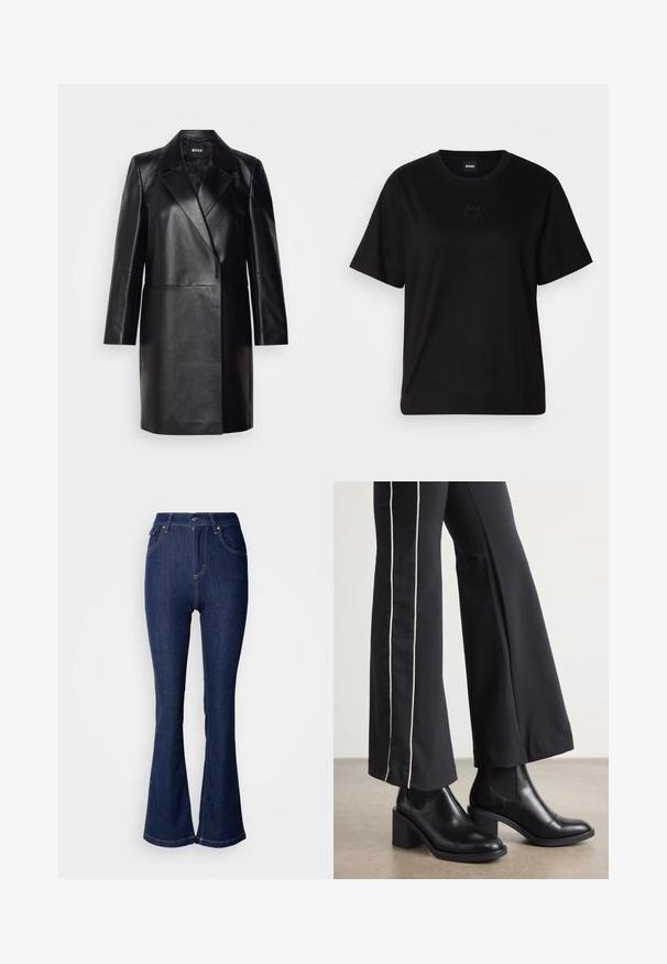 Črna usnjena blazerjakna z izrezanim ovratnikom, zapiranjem na en gumb in dolgimi rokavi. Ima gladko teksturo in prilegajoč kroj.; Črna bombažna majica s krožnim izrezom, kratkimi rokavi in izvezenim logotipom na prsih. Preprosta, sproščena silhueta brez vzorcev.; Temno modri zvonasti džins s visokim pasom, ki ima sprednje žepke, kontrastno šivanje in zapiranje na gumb.; Črne usnjene gležnjarje s blok peto, z elastičnimi stranskimi paneli. Kombinirane s črnimi hlačami, ki imajo bele stranske črte.