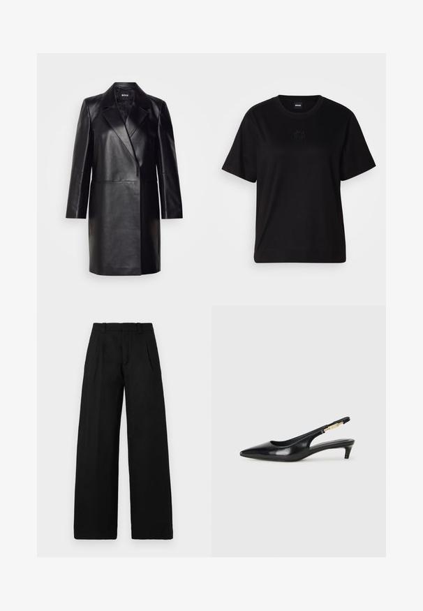 Blazer din piele neagră cu guler decupat, închidere cu un singur nasture și mâneci lungi. Prezintă o textură netedă și o croială ajustată.; T-shirt negru din bumbac, cu guler rotund, mâneci scurte și un logo brodat pe piept. Design simplu, cu o croială relaxată și fără modele.; Pantaloni largi negri, realizați dintr-un material țesut neted. Prezintă un front plat cu două pliseuri și bucle pentru curea. Design simplu și curat.; Sandale slingback din piele neagră cu vârf ascuțit, având un toc subțire și un accent de culoare aurie pe curea ajustabilă. Textură netedă.