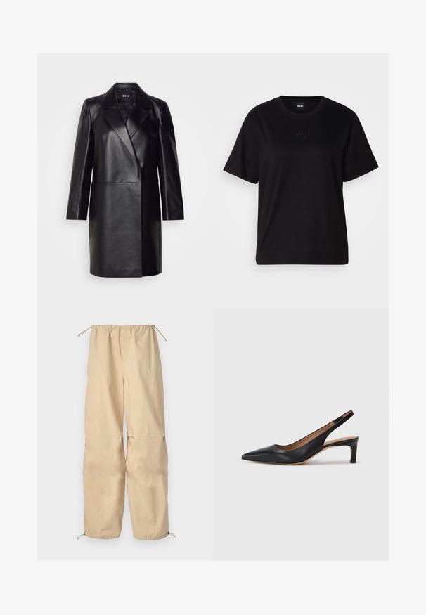 Black leather blazer with a notched collar, single button closure, and long sleeves. Features smooth texture and tailored fit.; Black cotton t-shirt with a crew neckline, short sleeves, and an embroidered logo on the chest. Simple, relaxed fit with no patterns.; Beige, lightweight trousers with a drawstring waistband and adjustable hems. Smooth texture, loose fit, no visible patterns or hardware.; Black leather slingback pump with a pointed toe, low heel, and a smooth texture. Features a thin adjustable strap for a secure fit.