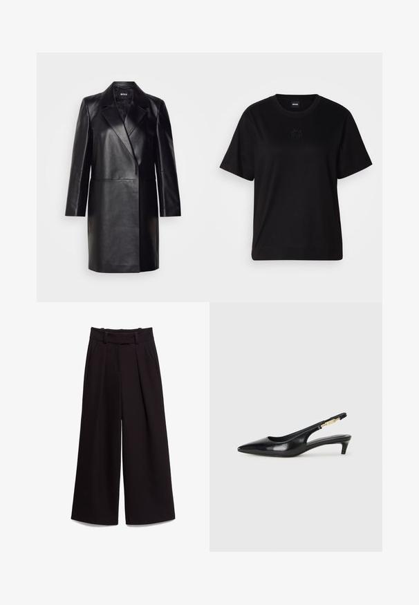 Μαύρο δερμάτινο σακάκι με λαιμόκοψη, κλείσιμο με μονό κουμπί και μακριά μανίκια. Διαθέτει λείο άγγιγμα και κομψή γραμμή.; Μαύρο βαμβακερό μπλουζάκι με στρογγυλή λαιμόκοψη, κοντά μανίκια και κεντημένο λογότυπο στο στήθος. Απλή, χαλαρή γραμμή χωρίς σχέδια.; Μαύρο παντελόνι με φαρδιά πόδια από λείο ύφασμα, με ψηλή μέση, θηλιές ζώνης και δύο μπροστινές τσέπες. Ο πτυχωτός σχεδιασμός προσθέτει υφή.; Μαύρες δερμάτινες γόβες slingback με μυτερή μύτη, διαθέτοντας λεπτό τακούνι και χρυσή λεπτομέρεια στην ρυθμιζόμενη λωρίδα. Λείος υφές.