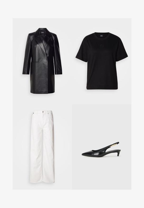 Črna usnjena blazerjakna z izrezanim ovratnikom, zapiranjem na en gumb in dolgimi rokavi. Ima gladko teksturo in prilegajoč kroj.; Črna bombažna majica s krožnim izrezom, kratkimi rokavi in izvezenim logotipom na prsih. Preprosta, sproščena silhueta brez vzorcev.; Bela kavbojke z širokimi hlačnicami, izdelane iz jeansa, z visokim pasom, zapiranjem na sprednje gumbe in klasičnim dizajnom žepov. Gladek videz.; Črne usnjene sandale na peto z ostro konico, ki imajo tanko peto in zlat ton na nastavljivem traku. Gladka tekstura.