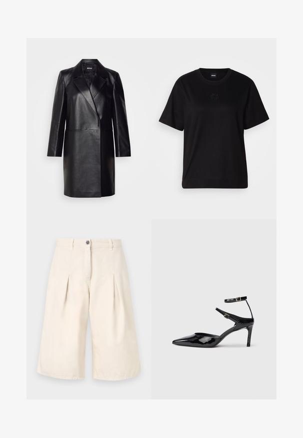 Čierna kožená sako so zubatým golierom, jedným gombíkom na zapínanie a dlhými rukávmi. Vyznačuje sa hladkým povrchom a prispôsobeným strihom.; Čierne bavlnené tričko s okrúhlym výstrihom, krátkymi rukávmi a vyšívaným logom na hrudi. Jednoduchý, voľný strih bez vzorov.; Bežové plisované šortky vyrobené z bavlnenej tkaniny. Majú zapínanie na gombík a široké nohy. Hladká textúra s čistými švami.; Čierne lakované lodičky s ostrou špicou, nastaviteľnými členkovými popruhmi a štíhlým podpätkom. Hladký povrch s lesklým finišom.