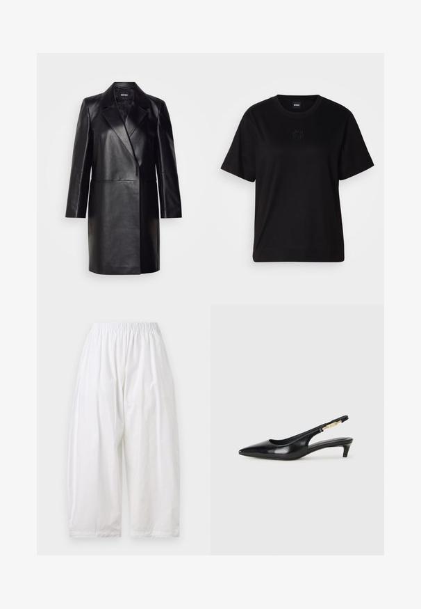 Črna usnjena blazerjakna z izrezanim ovratnikom, zapiranjem na en gumb in dolgimi rokavi. Ima gladko teksturo in prilegajoč kroj.; Črna bombažna majica s krožnim izrezom, kratkimi rokavi in izvezenim logotipom na prsih. Preprosta, sproščena silhueta brez vzorcev.; Bele, udobne hlače širokega kroja z elastičnim pasom. Narejene iz lahkega blaga z gladko teksturo. Kratka dolžina in brez vidnih zapiranj.; Črne usnjene sandale na peto z ostro konico, ki imajo tanko peto in zlat ton na nastavljivem traku. Gladka tekstura.