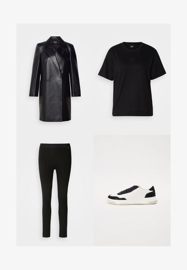 Melna ādas bleizera ar iegriezto apkakli, vienu pogu un garām piedurknēm. Iezīmē gludu tekstūru un piegriezumu, kas pielāgots figūrai.; Melna kokvilnas T-krekls ar apaļu izgriezumu, īsām piedurknēm un izšūtu logotipu uz krūtīm. Vienkāršs, brīvs piegriezums bez rakstiem.; Melnas legingi ar gludu tekstūru, ar elastīgu jostasvietu un smalkiem šuvju detaļām. Nav nekādu rakstu vai metāla detaļu.; Sporta apavi ar baltu ādas augšdaļu, melniem zamšāda akcentiem un strukturētu gumijas zoli. Iespējo sasaistes dizains un šūtu detaļu klātbūtne.