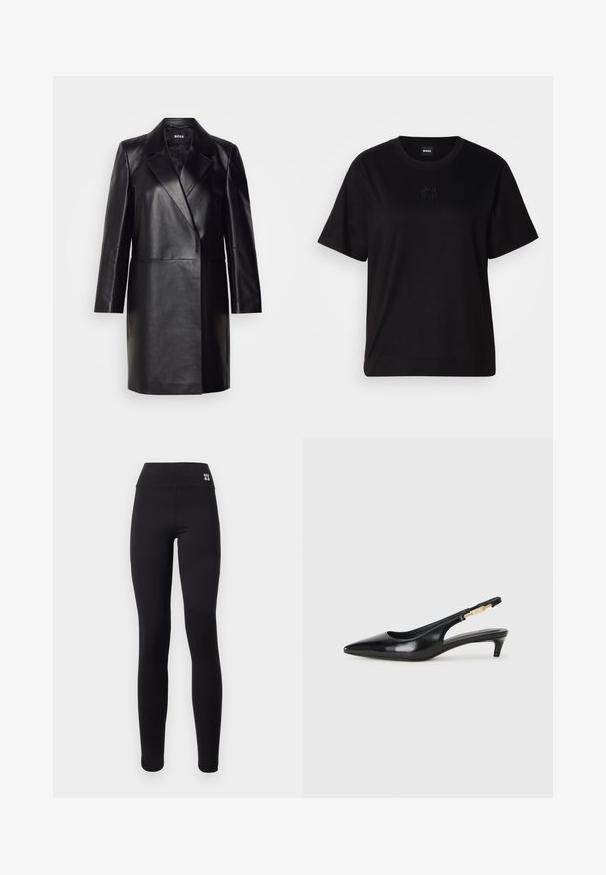 Melna ādas bleizera ar iegriezto apkakli, vienu pogu un garām piedurknēm. Iezīmē gludu tekstūru un piegriezumu, kas pielāgots figūrai.; Melna kokvilnas T-krekls ar apaļu izgriezumu, īsām piedurknēm un izšūtu logotipu uz krūtīm. Vienkāršs, brīvs piegriezums bez rakstiem.; Melnas legingi ar augsto jostu, uz kuras ir baltais "HUGO" logo. Izgatavoti no gluda, elastīga materiāla, kas paredzēts komfortam un piegulšanai.; Melnas ādas slingback zābaki ar smailu purngalu, ar šauru papēdi un zelta krāsas akcentu uz regulējama siksniņas. Gluda tekstūra.