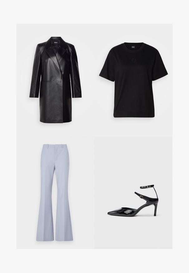 Blazer din piele neagră cu guler decupat, închidere cu un singur nasture și mâneci lungi. Prezintă o textură netedă și o croială ajustată.; T-shirt negru din bumbac, cu guler rotund, mâneci scurte și un logo brodat pe piept. Design simplu, cu o croială relaxată și fără modele.; Pantaloni evazați de culoare albastru deschis, cu o textură netedă, prezentând un front plat, două buzunare laterale și un talie curată.; Cizme cu toc din piele lacuită neagră, cu vârf ascuțit, curele reglabile la gleznă și un toc subțire. Textură netedă cu un finisaj lucios.