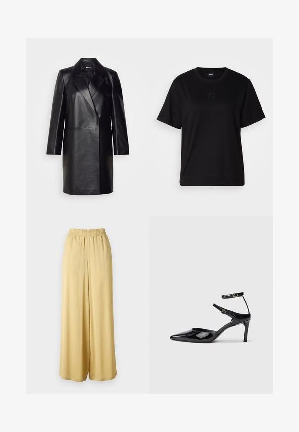 Black leather blazer with a notched collar, single button closure, and long sleeves. Features smooth texture and tailored fit.; Black cotton t-shirt with a crew neckline, short sleeves, and an embroidered logo on the chest. Simple, relaxed fit with no patterns.; Light yellow wide-leg pants with an elastic waistband, made of a smooth fabric, featuring a flowing design and no visible patterns or accents.; Black patent leather heels with a pointed toe, adjustable ankle straps, and a slender heel. Smooth texture with a shiny finish.