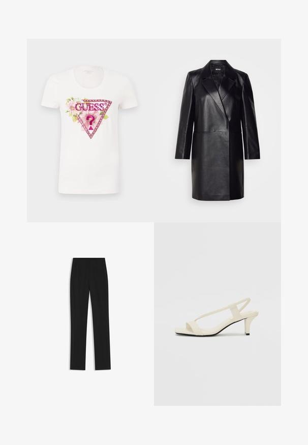 Schwarze Lederblazer mit Reverskragen, einer einzigen Knopfverschluss und langen Ärmeln. Bietet eine glatte Textur und eine taillierte Passform.; Weißes Baumwoll-T-Shirt mit einem bunten floralem Grafikdesign, einem pinken dreieckigen Logo und dem Wort "GUESS®" in fetten Buchstaben.; Schwarze maßgeschneiderte Hose mit geradem Bein, ausgestattet mit Fronttaschen und einem glatten, strukturierten Stoff. Saubere, minimale Details.; Beige Blockabsatzsandalen mit dünnen Riemen und quadrater Spitze. Glattes Material mit minimalem Design, entworfen für einfaches Tragen.