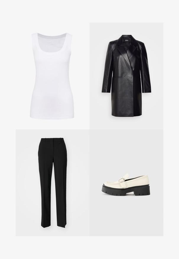 Blazer en cuir noir avec un col cranté, fermeture à un bouton et manches longues. Présente une texture lisse et une coupe ajustée.; Débardeur sans manches blanc en tissu lisse, doté d'un col rond et d'une silhouette ajustée. Pas de motifs ou d'accents visibles.; Pantalon noir ajusté avec une coupe droite, présentant une texture lisse et des plis nets sur le devant. Aucune quincaillerie visible.; Loafer en cuir blanc avec une semelle plateforme noire épaisse, présentant une boucle rectangulaire en argent et des détails de couture visibles sur la tige.