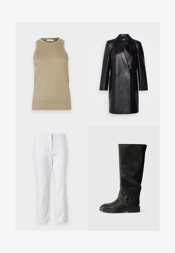 Črna usnjena blazerjakna z izrezanim ovratnikom, zapiranjem na en gumb in dolgimi rokavi. Ima gladko teksturo in prilegajoč kroj.; Bežna brezrokavna majica iz rebraste tkanine. Ima visok ovratnik in stranske razpoke. Nalepka nosi napis "IVY OAK." Preprost in prilegajoč dizajn.; Beli bombažne hlače s ravnim krojem, srednje visoko pasom, brez vidnih kovinskih elementov ali vzorcev. Gladka textura po vsej površini.; Črne škornje do kolen iz gladkega usnja, z okroglo noskom, debelim podplatom in vodoravno zanko z detajlom pravokotne sponke.