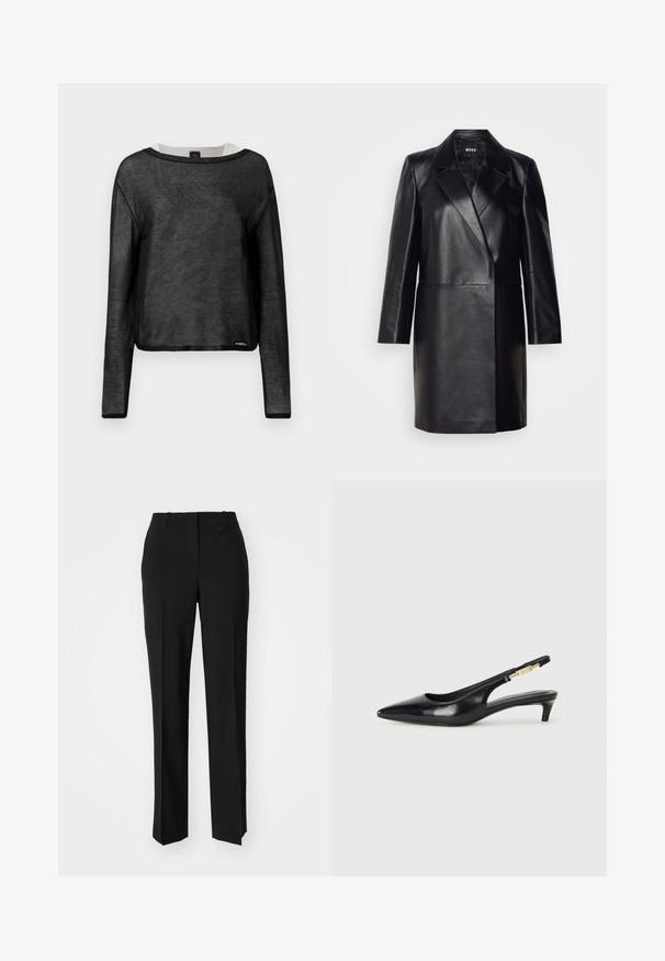 Mustmustnahkblazer, millel on klappkrae, ühe nupuga kinnitamine ja pikad varrukad. Omab siledat tekstuuri ja kohandatud lõiget.; Must muströöpidega must pikkade varrukatega pluus, mis on valmistatud läbipaistvast kangast. Omab ümmargust kaelust ja kontrastset valget äärestust, väikese logoga alläärtes.; Mustad ja sirged püksid, millel on sile tekstuur ja teravad voldid esiosas. Ilma nähtavate detailideta.; Mustad nahast slingback kontsad terava ninaga, millel on õhuke konts ja kuldse tooni aktsent reguleeritaval rihmal. Sile tekstuur.