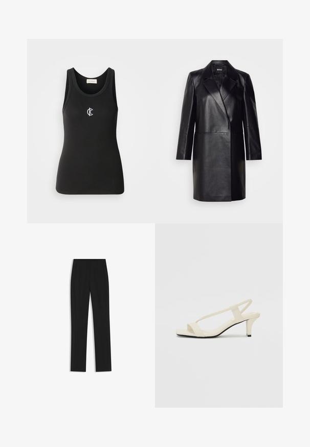 Blazer de cuero negro con solapa muesca, cierre de un solo botón y mangas largas. Presenta una textura suave y un ajuste entallado.; Top de tirantes negro con textura acanalada y cuello redondo. Destaca el logo blanco de Calvin Klein en el pecho. Diseño simple y ajustado.; Pantalones de traje negros con un diseño de pierna recta, que cuentan con bolsillos delanteros y una tela suave y texturizada. Detalles limpios y minimalistas.; Sandalias de tacón cuadrado en color beige con tiras delgadas y punta cuadrada. Material suave con un diseño minimalista, diseñado para facilitar su uso.