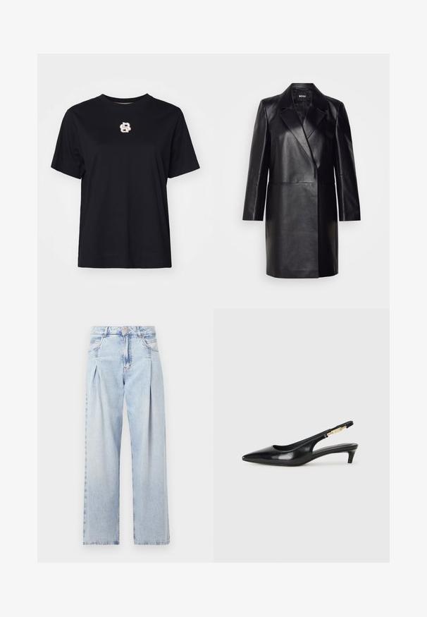 Juodas odinis švarkas su įpjovimu ant apykaklės, vienu mygtuku užsegamas ir ilgomis rankovėmis. Yra lygus paviršius ir pritaikytas siluetas.; Juodas medvilninis marškinėliai su trumpomis rankovėmis, apvaliu iškirpimu ir mažu balto ir aukso siuvinėtu logotipu ant krūtinės.; Šviesiai mėlyni džinsai su aukštu liemeniu, plačiomis kojomis, dviem šoninėmis kišenėmis ir raukinių dizainu. Minkšta tekstūra su nudilusia apdaila.; Juodas odinis pavasario batelių modelis su smailiu nosiu, turintis siaurą kulniuką ir auksinės spalvos akcentu reguliuojamoje juostoje. Lygi tekstūra.