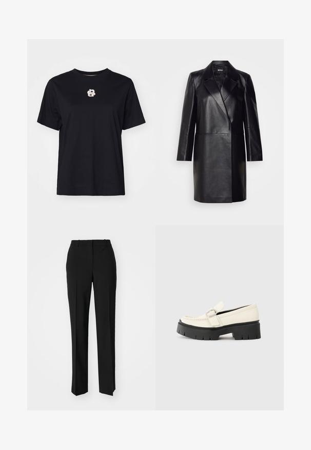 Fekete bőr blézer, hajtott gallérral, egygombos záródással és hosszú ujjal. Simaság jellemzi, és testre szabott fazonú.; Fekete pamut póló rövid ujjakkal, kerek nyakkivágással és egy kis hímzett logóval fehér és arany színben a mellkason.; Fekete, testhezálló nadrág egyenes szárú kivitelben, sima textúrával és éles redőkkel az elején. Nincs látható fémalkatrész.; Fehér bőr lófarok, vastag fekete platform talppal, téglalap alakú ezüst csattal és látható varrás részletekkel a felső részen.