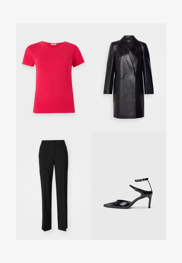 Zwarte leren blazer met een geknopt kraagje, sluiting met één knoop en lange mouwen. Kenmerkt zich door een zachte textuur en een professionele pasvorm.; Rood T-shirt met korte mouwen, voorzien van een geribbeld textuur en een ronde halslijn, gemaakt van een gladde stof, met een standaard pasvorm en zonder zichtbare patronen.; Zwarte op maat gemaakte broek met een recht model, voorzien van een soepele textuur en scherpe plooien aan de voorkant. Geen zichtbare hardware.; Zwarte laarzen van gepatenteerd leer met een spitse neus, verstelbare enkelbandjes en een slanke hak. Gladde textuur met een glanzende afwerking.