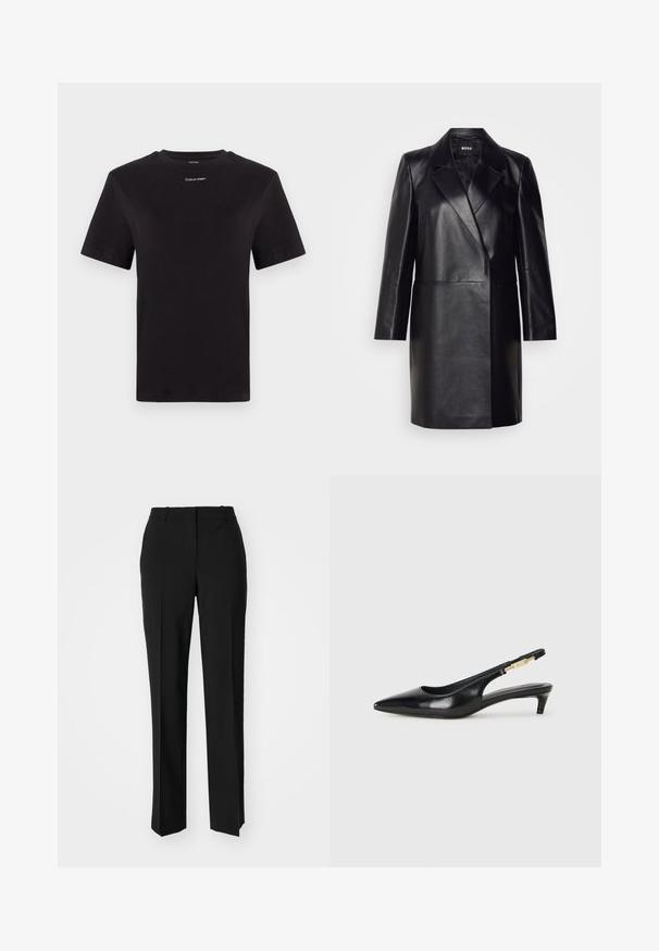 Fekete bőr blézer, hajtott gallérral, egygombos záródással és hosszú ujjal. Simaság jellemzi, és testre szabott fazonú.; Fekete pamut póló rövid ujjakkal, kerek nyakkivágással és kis fehér "Calvin Klein" logóval a mellkasnál. Simás textúra, klasszikus fazon.; Fekete, testhezálló nadrág egyenes szárú kivitelben, sima textúrával és éles redőkkel az elején. Nincs látható fémalkatrész.; Fekete bőr slingback magassarkúk, hegyes orral, vékony sarkakkal és arany színű részlettel a állítható pánton. Simа felület.