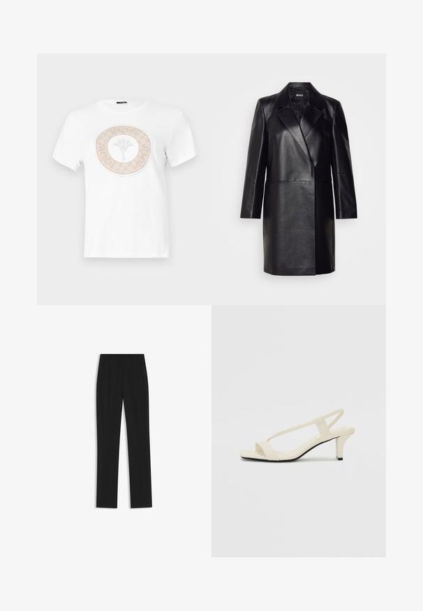 Czarna skórzana marynarka z wyprofilowanym kołnierzem, jednolitym zapięciem na guzik i długimi rękawami. Posiada gładką fakturę i dopasowany krój.; Biała bawełniana koszulka z okrągłym beżowym logo na środku z motywem kwiatowym oraz tekstem wokół krawędzi.; Czarne spodnie o dopasowanym kroju z prostymi nogawkami, z przednimi kieszeniami i gładką, teksturowaną tkaniną. Schludne, minimalistyczne wykończenie.; Beżowe sandały na blokowym obcasie z cienkimi ramiączkami i kwadratowym noskiem. Gładki materiał z minimalną ilością detali, zaprojektowane z myślą o łatwym zakładaniu.