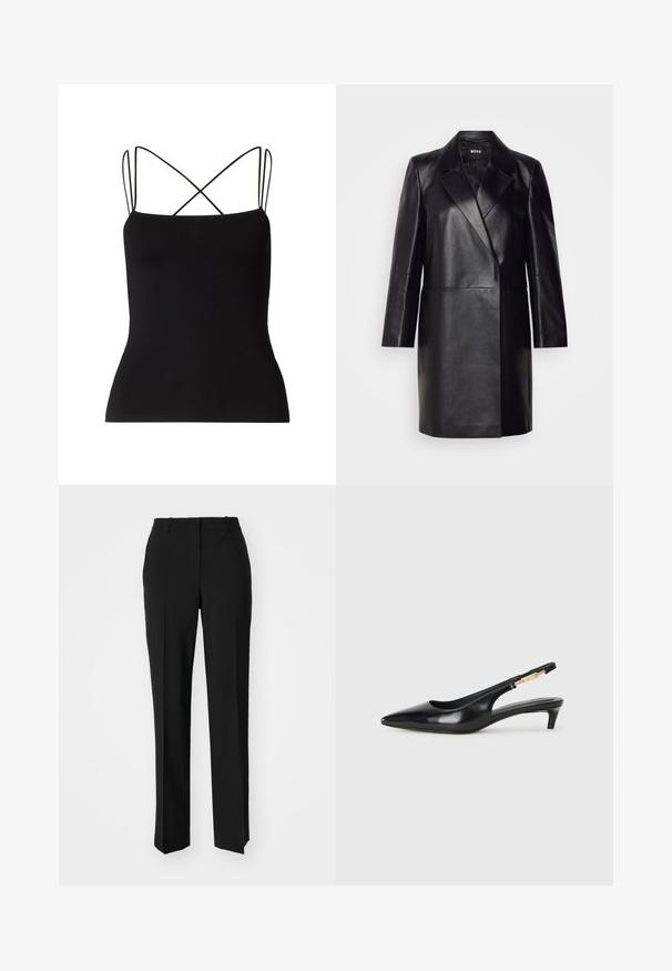 Zwarte leren blazer met een geknopt kraagje, sluiting met één knoop en lange mouwen. Kenmerkt zich door een zachte textuur en een professionele pasvorm.; Samsøe Samsøe SANEHA - Top - black; Zwarte op maat gemaakte broek met een recht model, voorzien van een soepele textuur en scherpe plooien aan de voorkant. Geen zichtbare hardware.; Zwarte leren slingback hakken met een spitse neus, voorzien van een slanke hak en een goudkleurige accent op de verstelbare band. Gladde textuur.