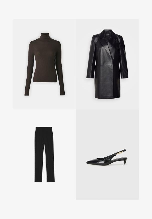 Black leather blazer with a notched collar, single button closure, and long sleeves. Features smooth texture and tailored fit.; Samsøe Samsøe SONNET - Jumper - chocolate torte; Black tailored trousers with a straight-leg design, featuring front pockets and a smooth, textured fabric. Neat, minimal detailing.; Black leather slingback heels with a pointed toe, featuring a slim heel and a gold-tone accent on the adjustable strap. Smooth texture.