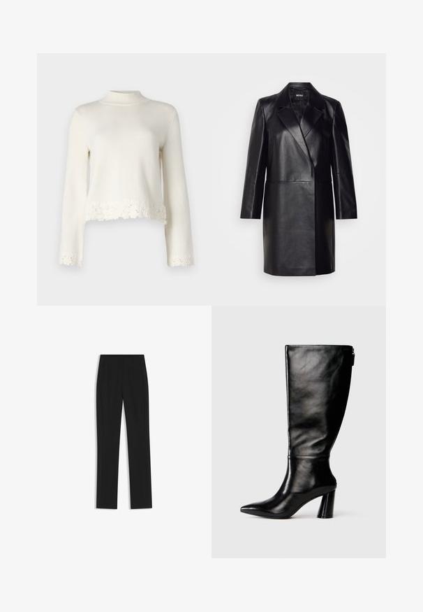 Black leather blazer with a notched collar, single button closure, and long sleeves. Features smooth texture and tailored fit.; White knitted sweater with long sleeves, high neckline, and scalloped lace trim at the bottom. Soft texture with a cropped design.; Black tailored trousers with a straight-leg design, featuring front pockets and a smooth, textured fabric. Neat, minimal detailing.; Knee-high black leather boot with a pointed toe, smooth texture, and a chunky heel. Features a zipper detail at the back.