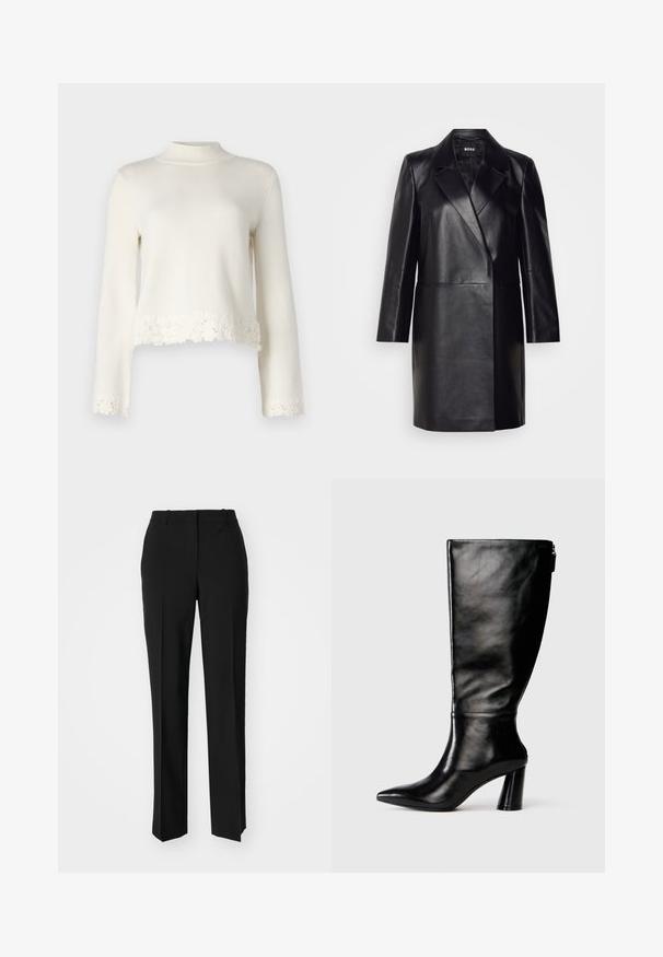 Schwarze Lederblazer mit Reverskragen, einer einzigen Knopfverschluss und langen Ärmeln. Bietet eine glatte Textur und eine taillierte Passform.; Weißer gestrickter Pullover mit langen Ärmeln, hohem Kragen und gewelltem Spitzenrand am Saum. Weiche Textur mit einem kurzen Design.; Schwarze, taillierte Hose mit geradem Bein, aus einem glatten Stoff und mit klaren Falten an der Vorderseite. Keine sichtbare Hardware.; Knöchelhohe schwarze Lederstiefel mit einer spitzen Zehe, glatter Oberfläche und einem klobigen Absatz. Verfügt über einen Reißverschluss hinten.