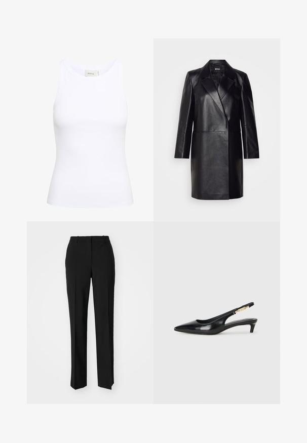 Blazer de cuero negro con solapa muesca, cierre de un solo botón y mangas largas. Presenta una textura suave y un ajuste entallado.; Top sin mangas de canalé blanco con escote redondo. Tejido elástico y diseño ajustado. La etiqueta en la parte posterior dice "GESTUZ."; Pantalones negros ajustados con un diseño de pierna recta, que presentan una textura suave y pliegues nítidos en el frente. Sin herrajes visibles.; Tacones negros de piel sintética tipo slingback con punta afilada, que cuentan con un tacón delgado y un detalle en tono dorado en la correa ajustable. Textura suave.